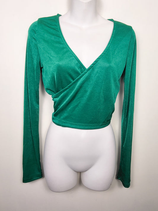 Noisy May Emerald Green Long-Sleeve Wrap Crop Top | Size MEDIUM