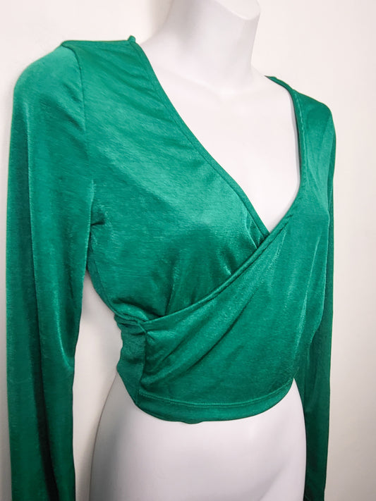 Noisy May Emerald Green Long-Sleeve Wrap Crop Top | Size MEDIUM