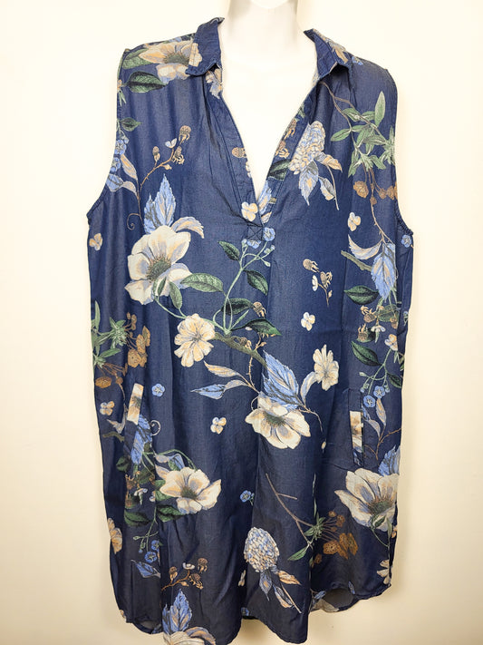 Papillon Blue Floral Collared Hi-Lo Tencel Dress | Size XXL