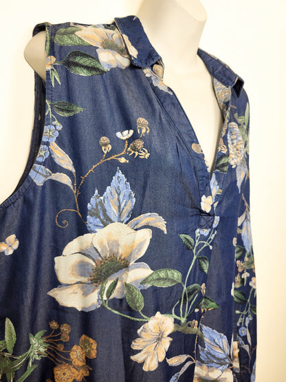 Papillon Blue Floral Collared Hi-Lo Tencel Dress | Size XXL