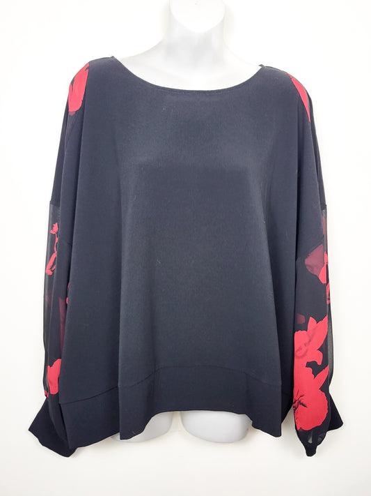 Papillon Black Batwing Sleeve Blouse with Poppy Print | Size XL