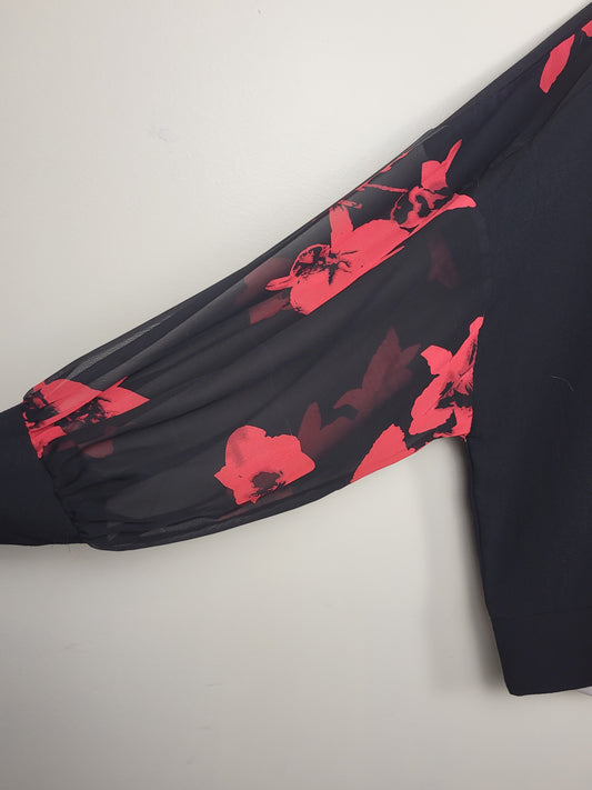 Papillon Black Batwing Sleeve Blouse with Poppy Print | Size XL