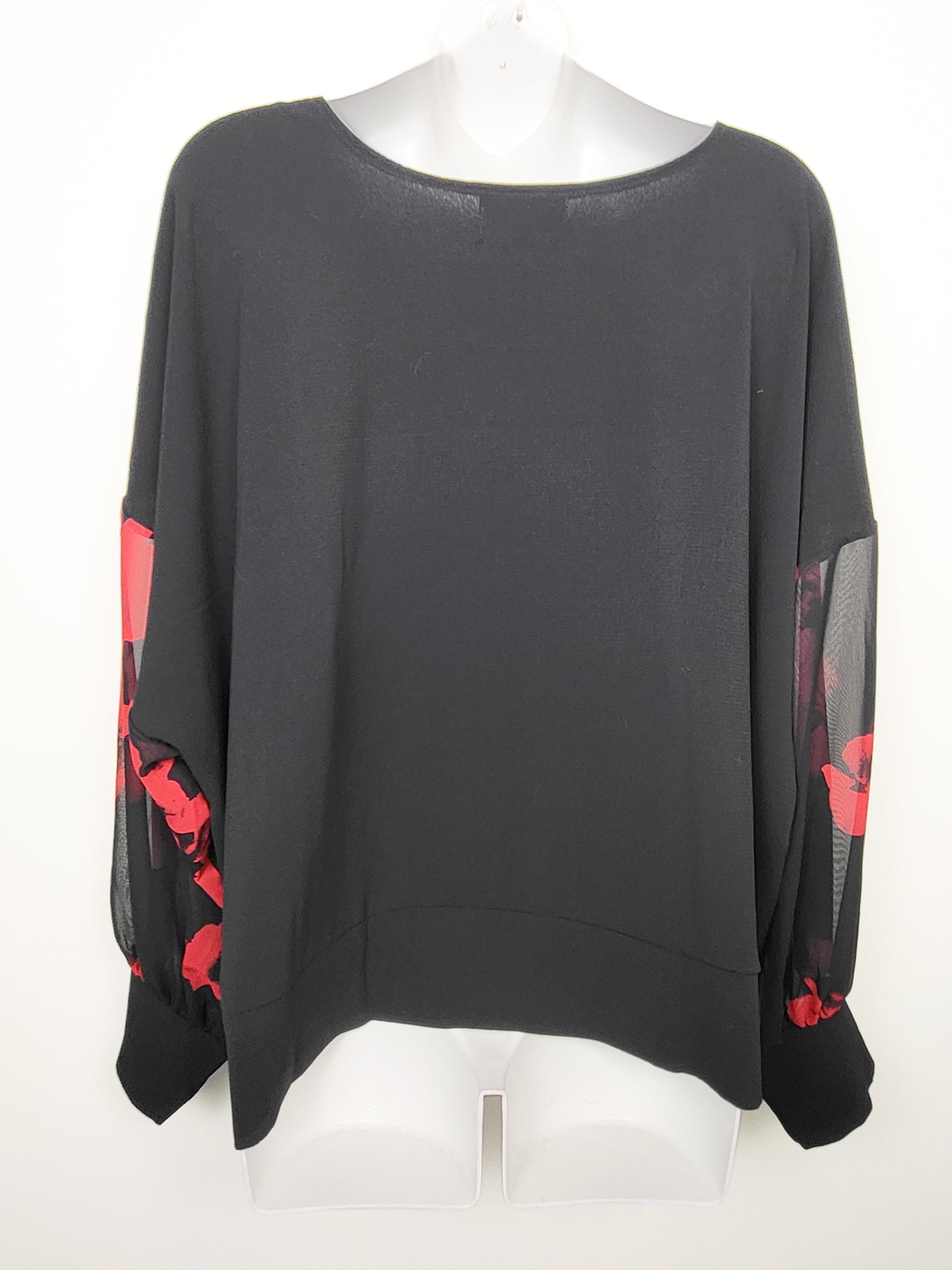Papillon Black Batwing Sleeve Blouse with Poppy Print | Size XL