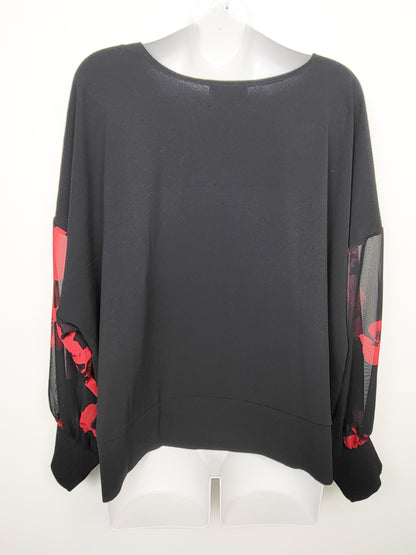 Papillon Black Batwing Sleeve Blouse with Poppy Print | Size XL