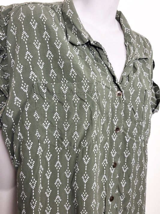 Jachs Girlfriend olive green geo print rayon blouse | Size LARGE
