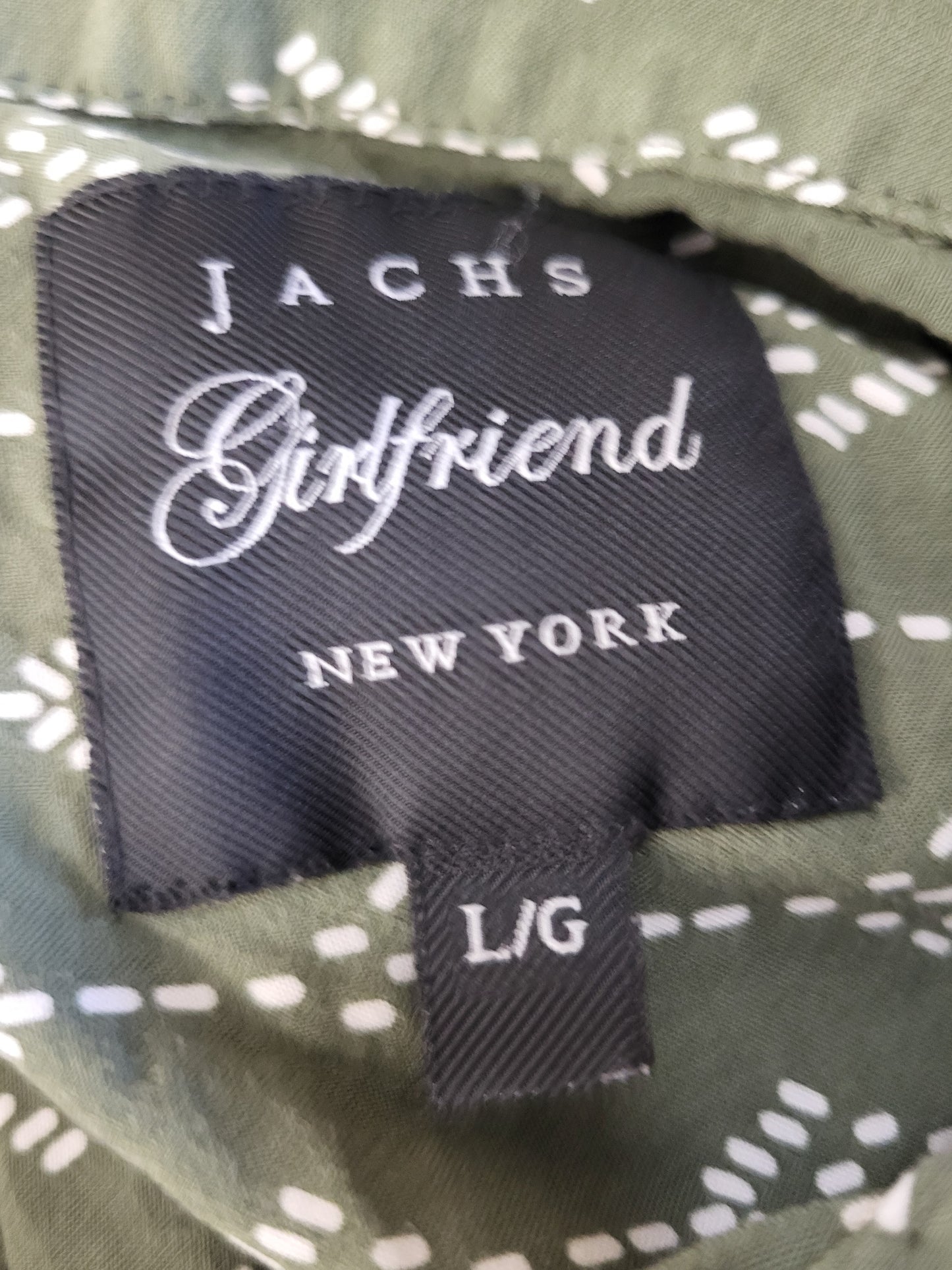 Jachs Girlfriend olive green geo print rayon blouse | Size LARGE