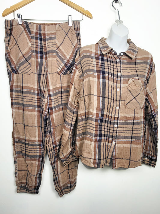 NEW - Aerie brown plaid muslin cotton 2pc button down PJs | Size MEDIUM LONG