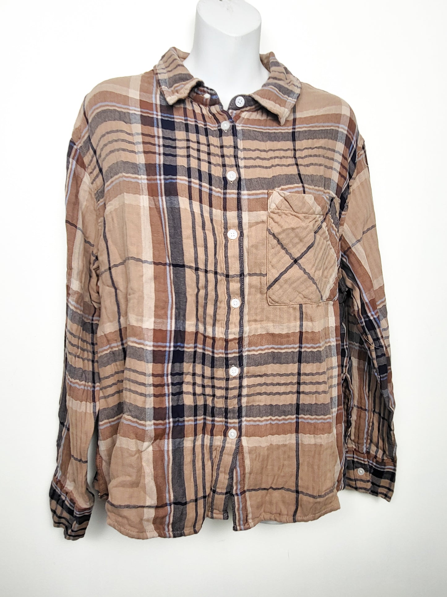 NEW - Aerie brown plaid muslin cotton 2pc button down PJs | Size MEDIUM LONG