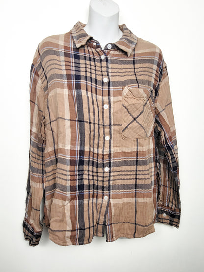 NEW - Aerie brown plaid muslin cotton 2pc button down PJs | Size MEDIUM LONG