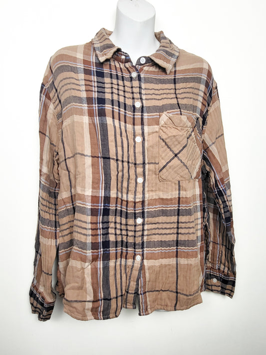 NEW - Aerie brown plaid muslin cotton 2pc button down PJs | Size MEDIUM LONG
