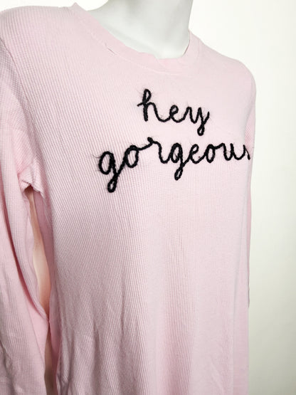 Kate Spade New York Pink"Hey Gorgeous" Long Sleeve Thermal Sleep Shirt | Size MEDIUM