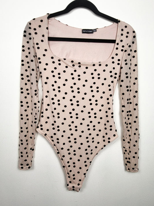 PrettyLittleThing Stone Polka Dot Mesh Square Neck Bodysuit | Size 8