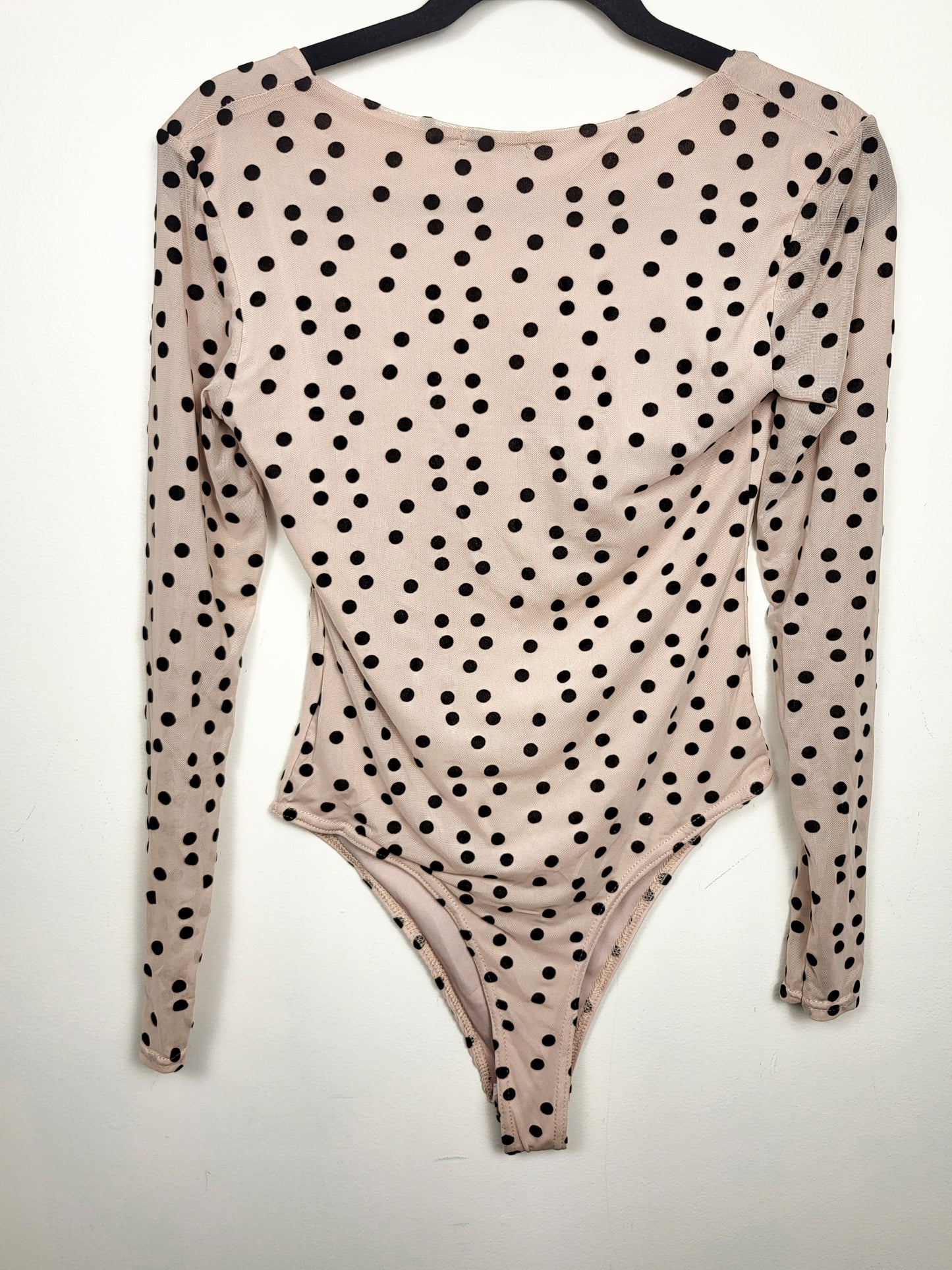 PrettyLittleThing Stone Polka Dot Mesh Square Neck Bodysuit | Size 8