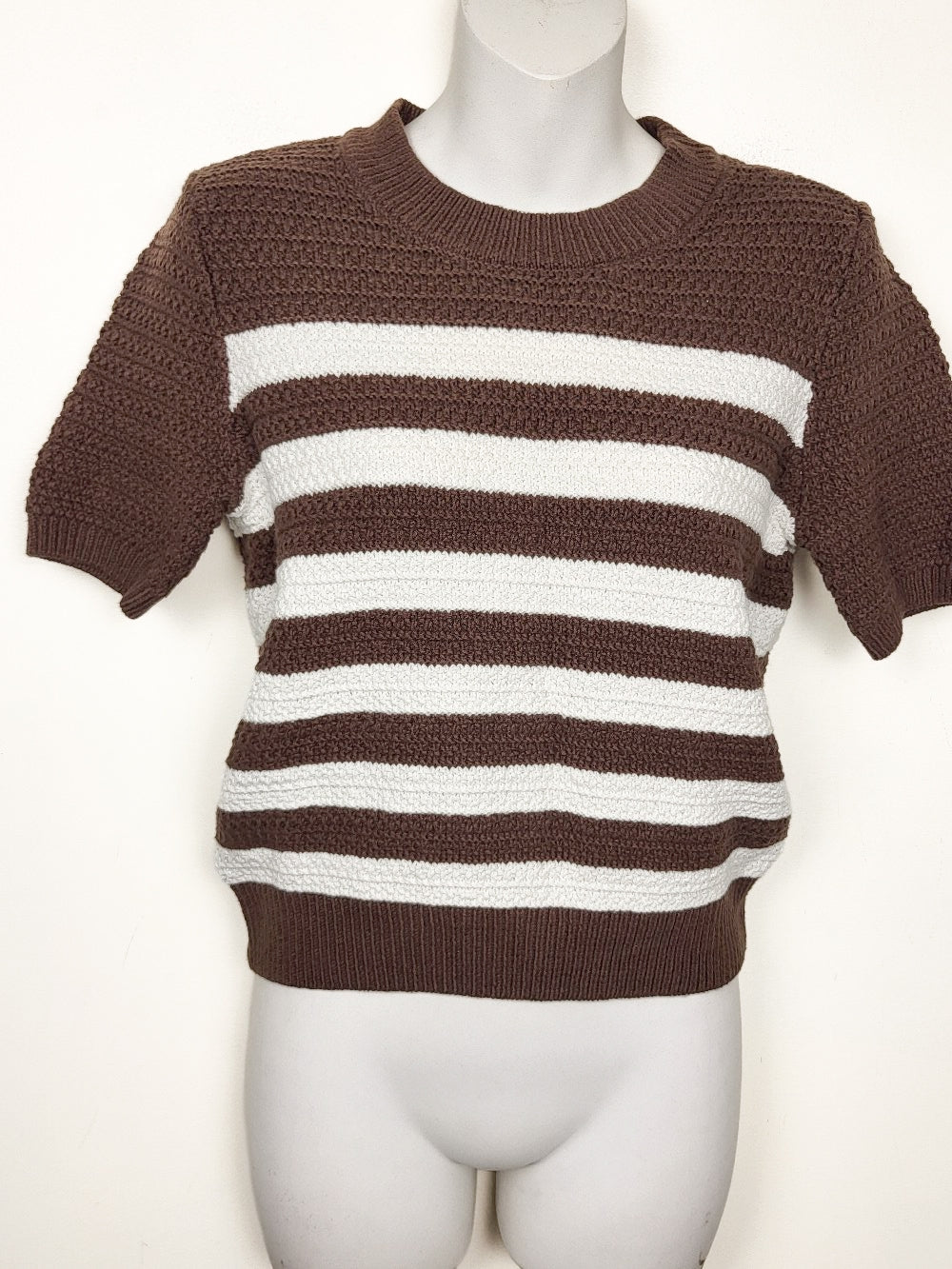 LOFT Brown and White Striped Short Sleeve Sweater Top | Size XS