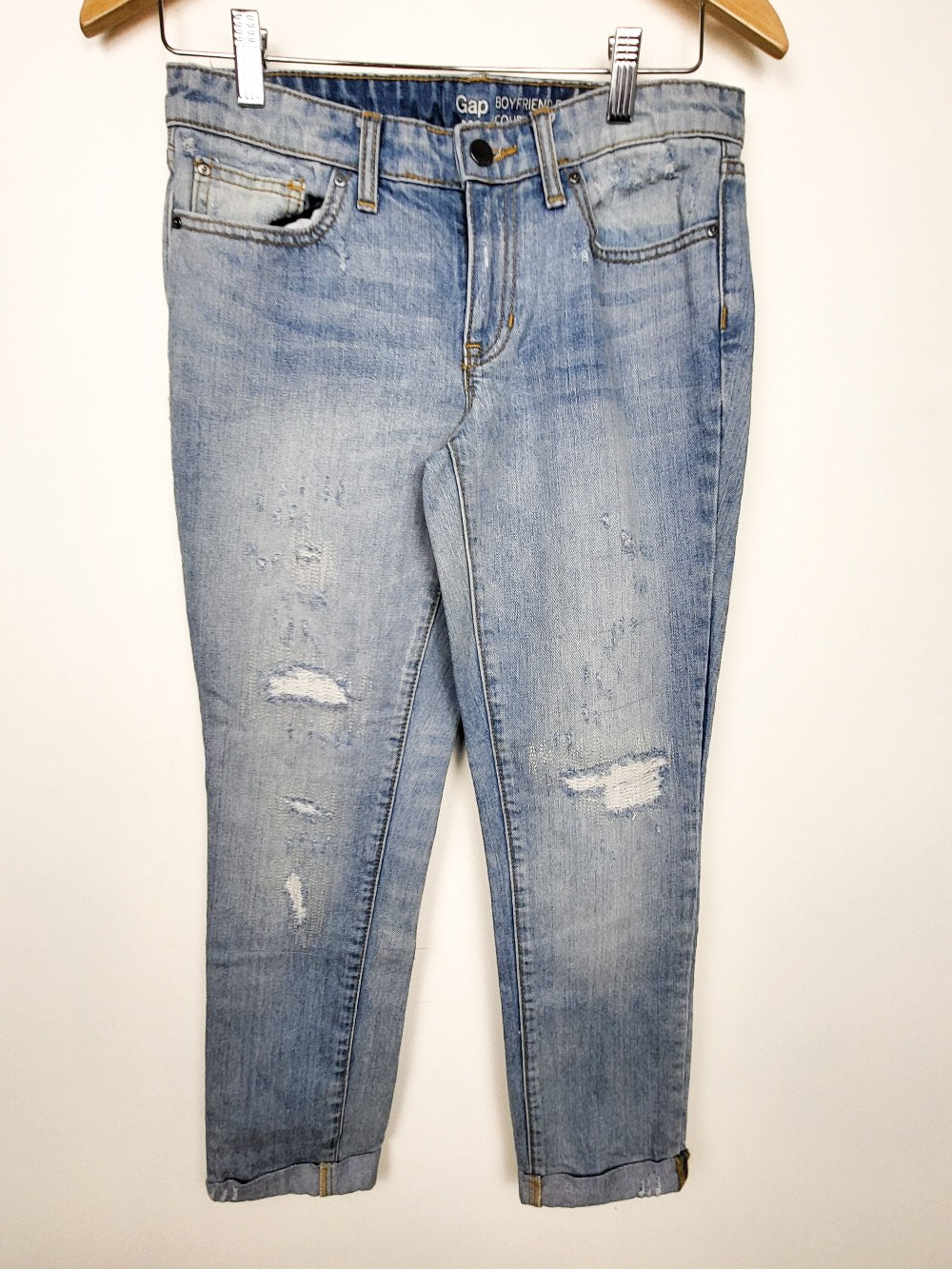 Gap Mid-Rise Cuffed Distressed Boyfriend Jeans | Tagged size 2 but measures as a 28 inch waist