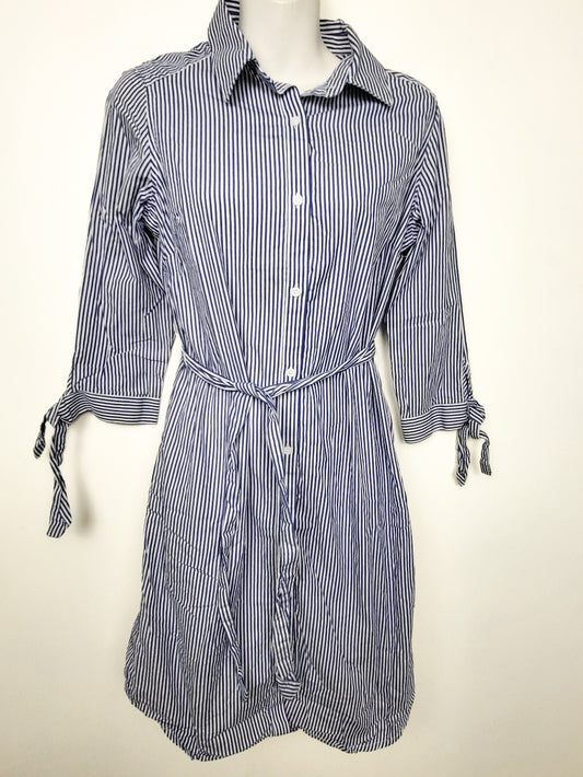 Alfred Sung striped tie-cuff belted shirtdress | Size XS