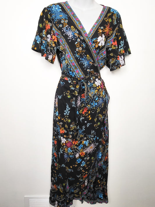 The Adventure Dress brand black floral lightweight wrap dress | Size SMALL / MEDIUM