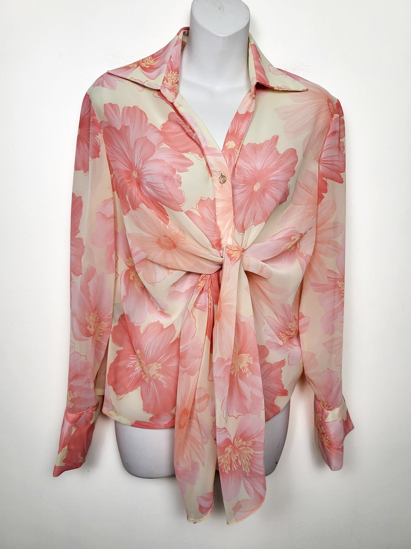 Brian Bailey Floral Tie-Front Long-Sleeve Chiffon Blouse in Cream and Pink | Size MEDIUM