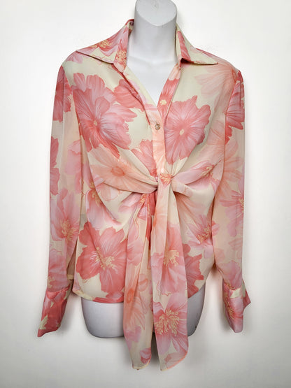 Brian Bailey Floral Tie-Front Long-Sleeve Chiffon Blouse in Cream and Pink | Size MEDIUM