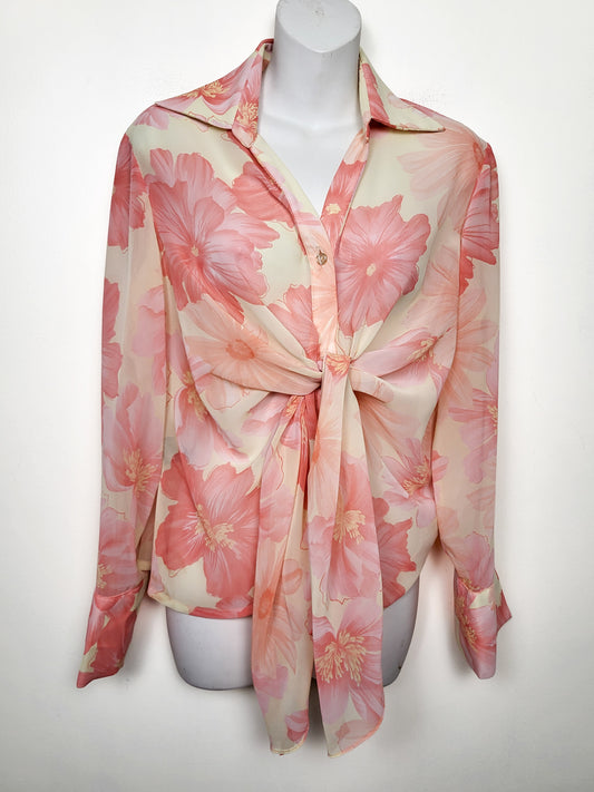 Brian Bailey Floral Tie-Front Long-Sleeve Chiffon Blouse in Cream and Pink | Size MEDIUM