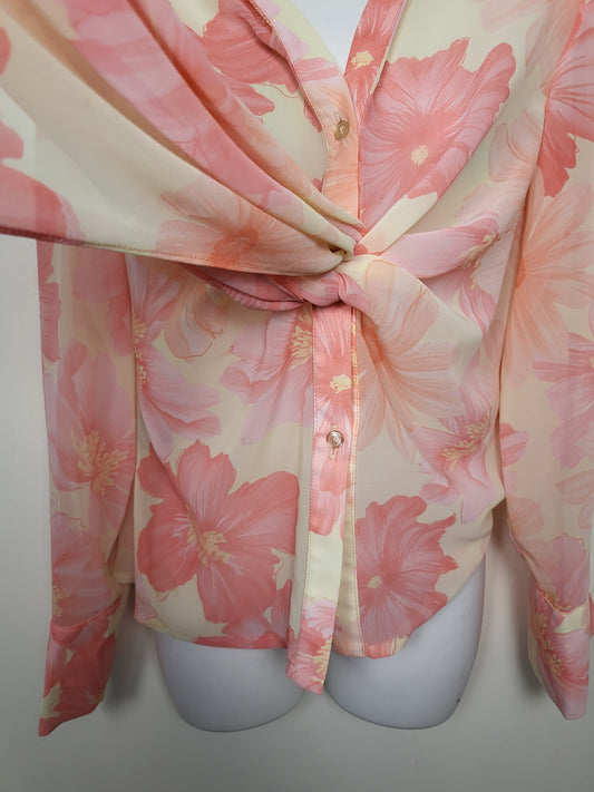 Brian Bailey Floral Tie-Front Long-Sleeve Chiffon Blouse in Cream and Pink | Size MEDIUM