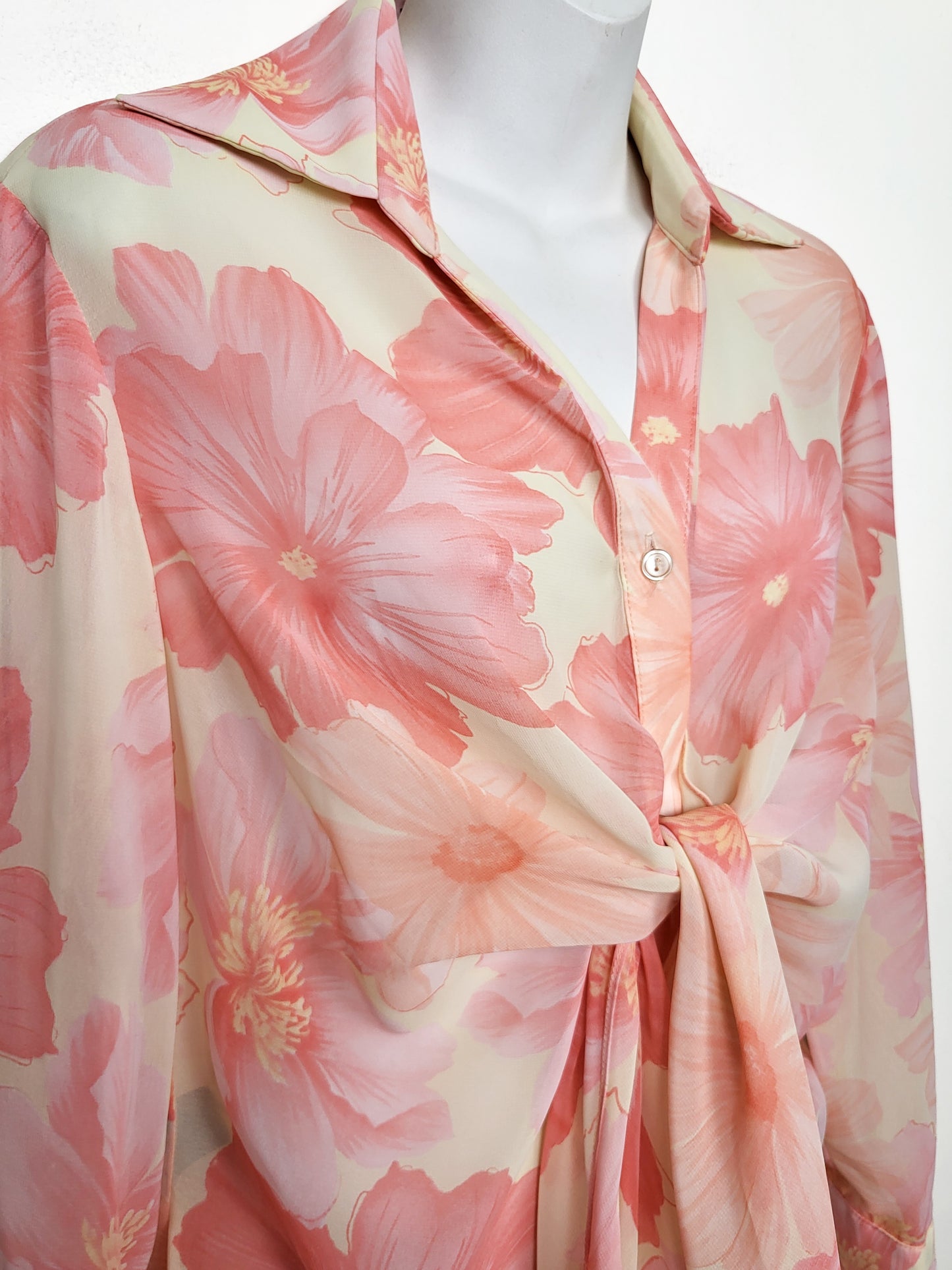 Brian Bailey Floral Tie-Front Long-Sleeve Chiffon Blouse in Cream and Pink | Size MEDIUM