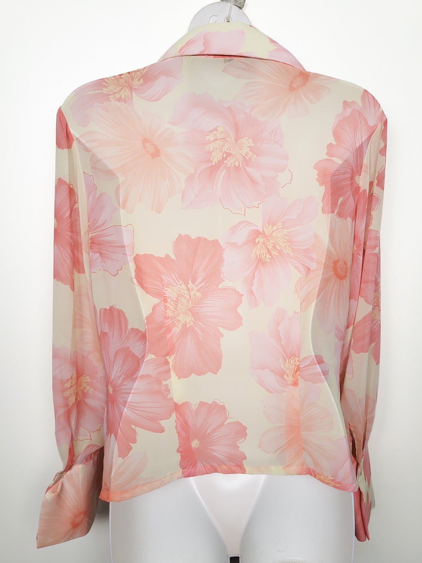 Brian Bailey Floral Tie-Front Long-Sleeve Chiffon Blouse in Cream and Pink | Size MEDIUM