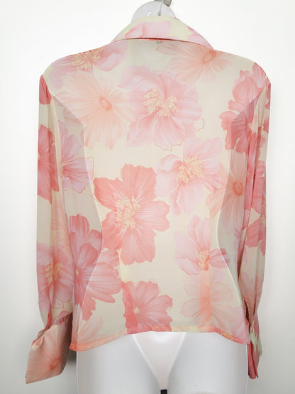 Brian Bailey Floral Tie-Front Long-Sleeve Chiffon Blouse in Cream and Pink | Size MEDIUM