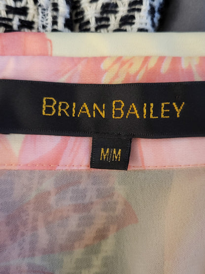 Brian Bailey Floral Tie-Front Long-Sleeve Chiffon Blouse in Cream and Pink | Size MEDIUM