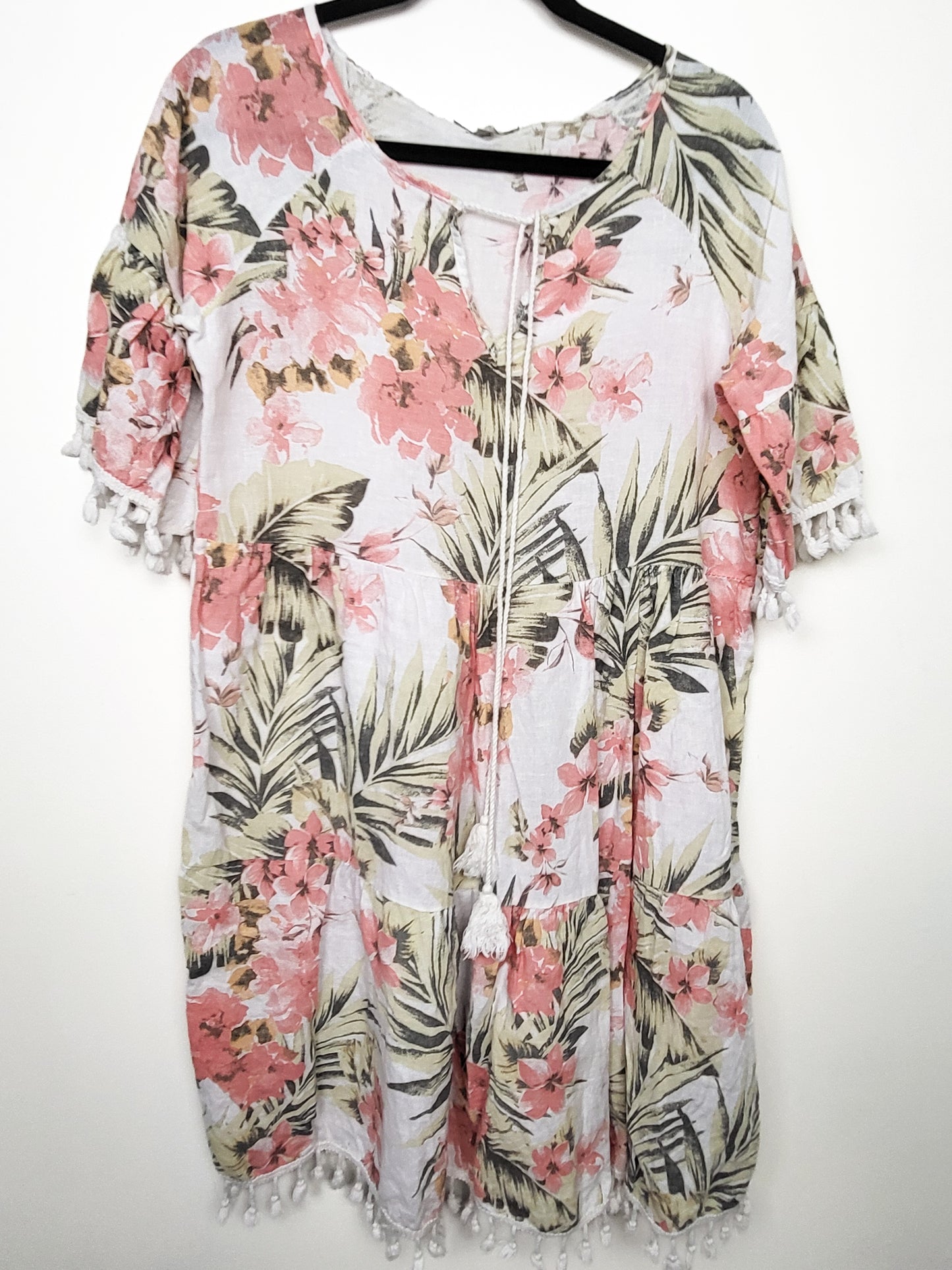 Francesca Bettini Tropical Print Floral Linen Tassel Dress | Size SMALL