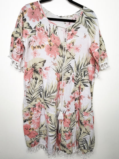 Francesca Bettini Tropical Print Floral Linen Tassel Dress | Size SMALL