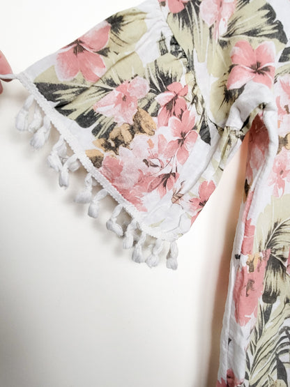 Francesca Bettini Tropical Print Floral Linen Tassel Dress | Size SMALL