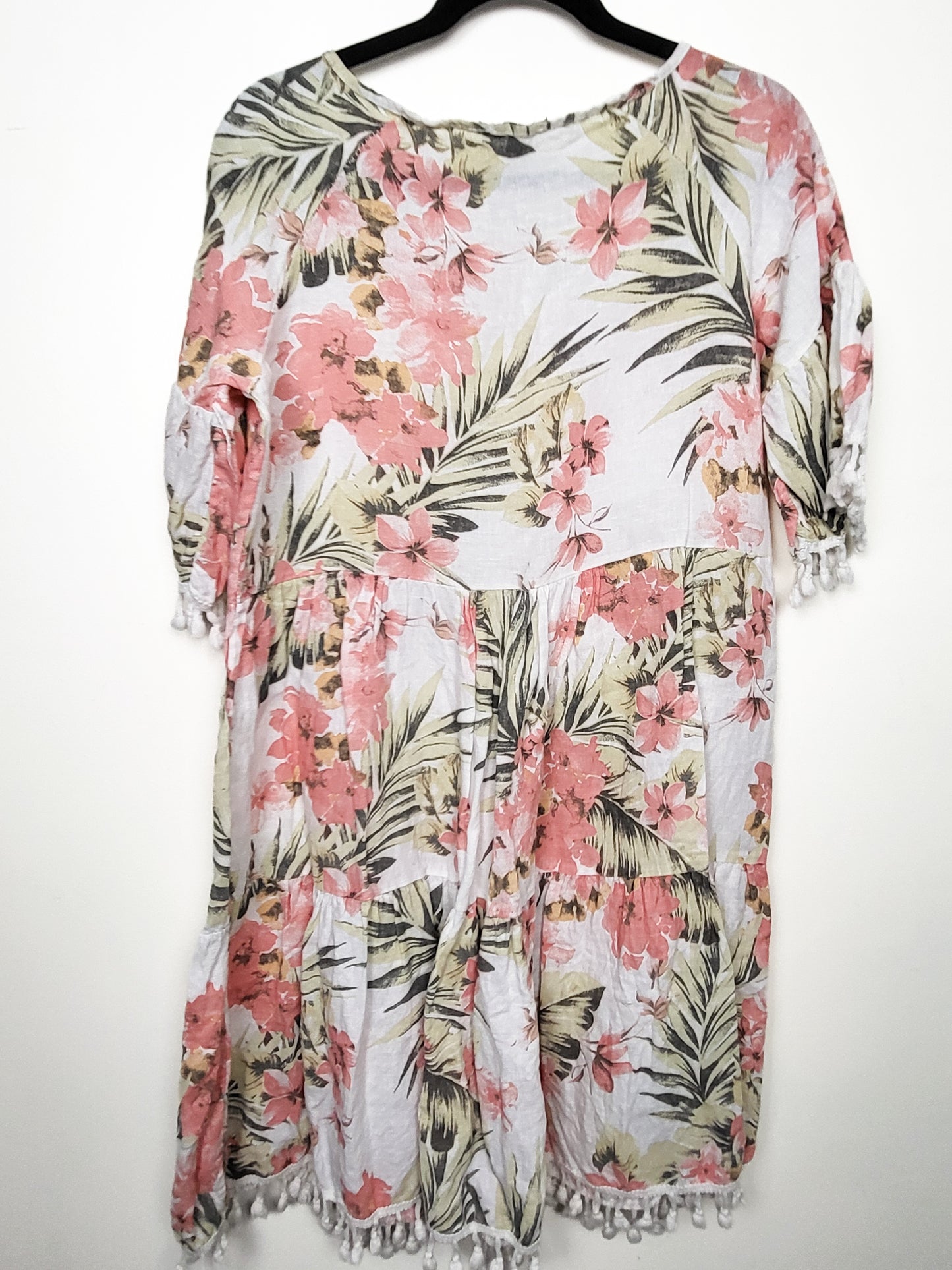 Francesca Bettini Tropical Print Floral Linen Tassel Dress | Size SMALL