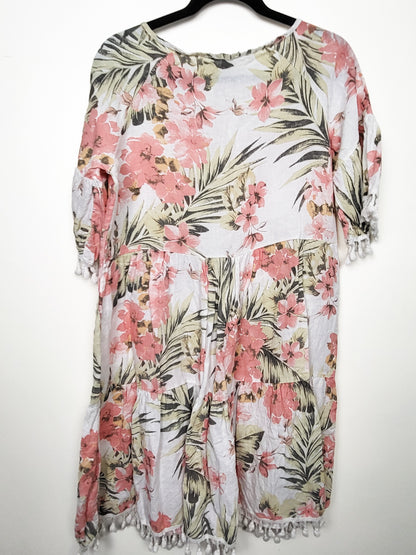 Francesca Bettini Tropical Print Floral Linen Tassel Dress | Size SMALL