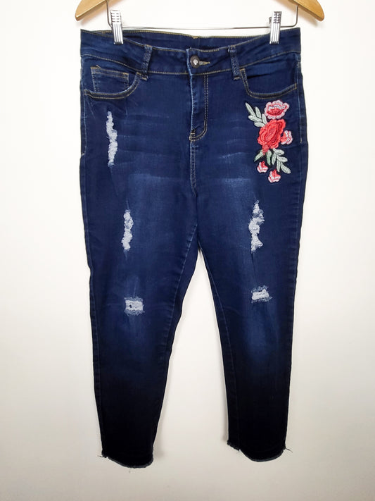 B Girl Distressed Rose-Embroidered Skinny Ankle Jeans | Size 12