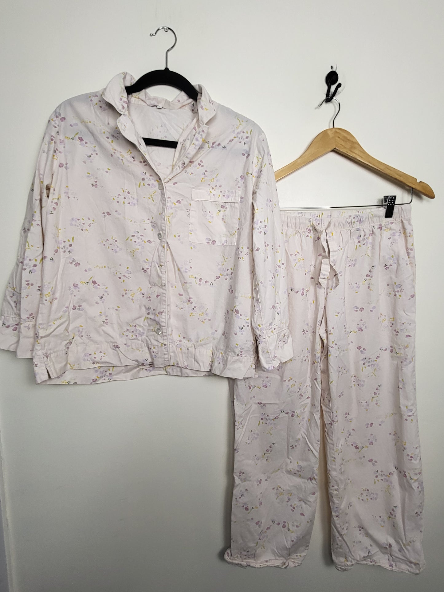 Indigo Love and Lore pale pink floral print organic poplin cotton 2pc Pajama Set | Size MEDIUM