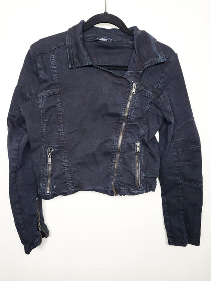 SUKO Jeans Asymmetrical Cropped Zipper Denim Moto Jacket | Size MEDIUM