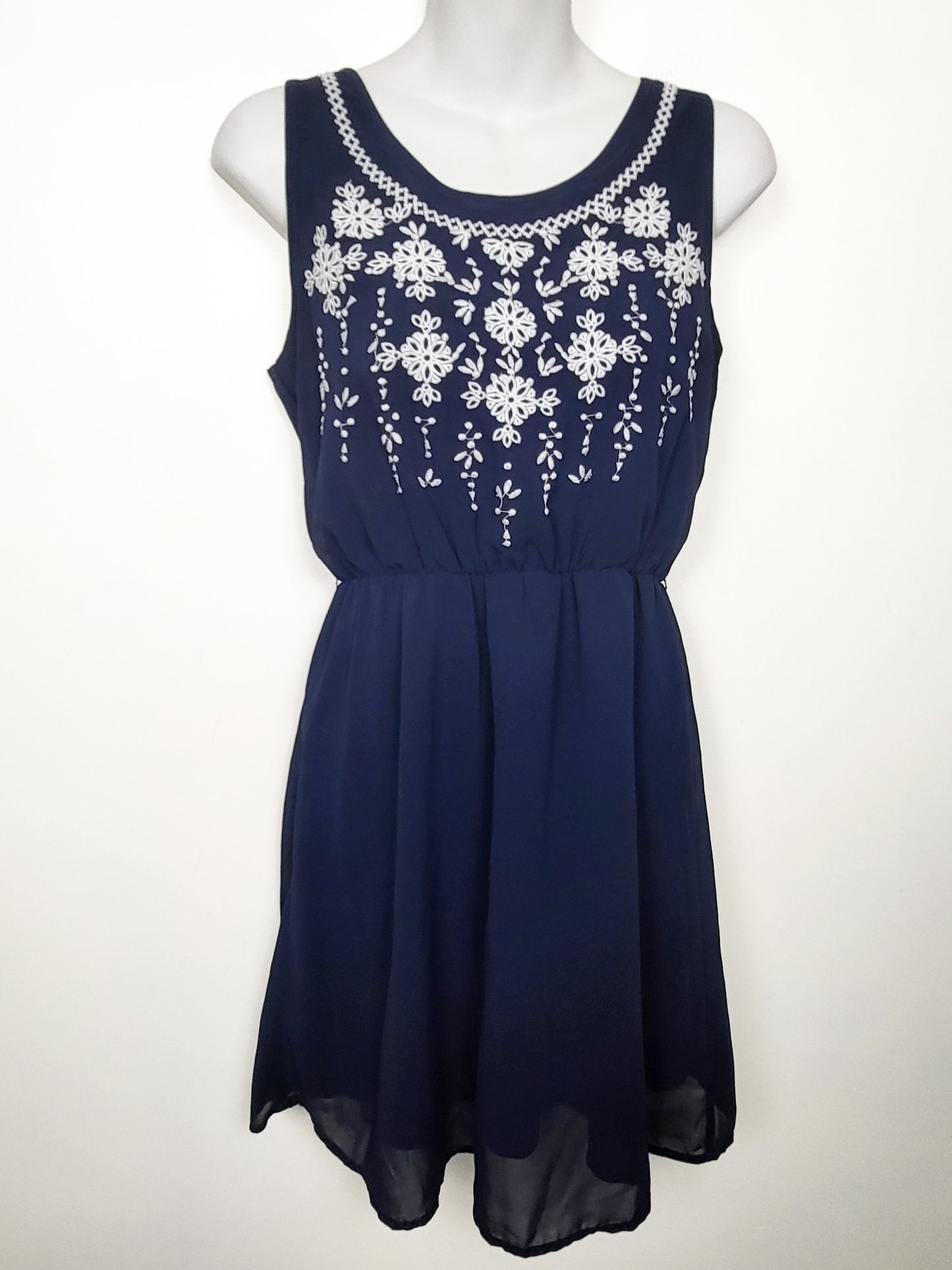 Super B navy embroidered chiffon dress | Size SMALL