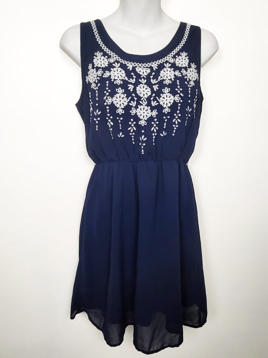 Super B navy embroidered chiffon dress | Size SMALL