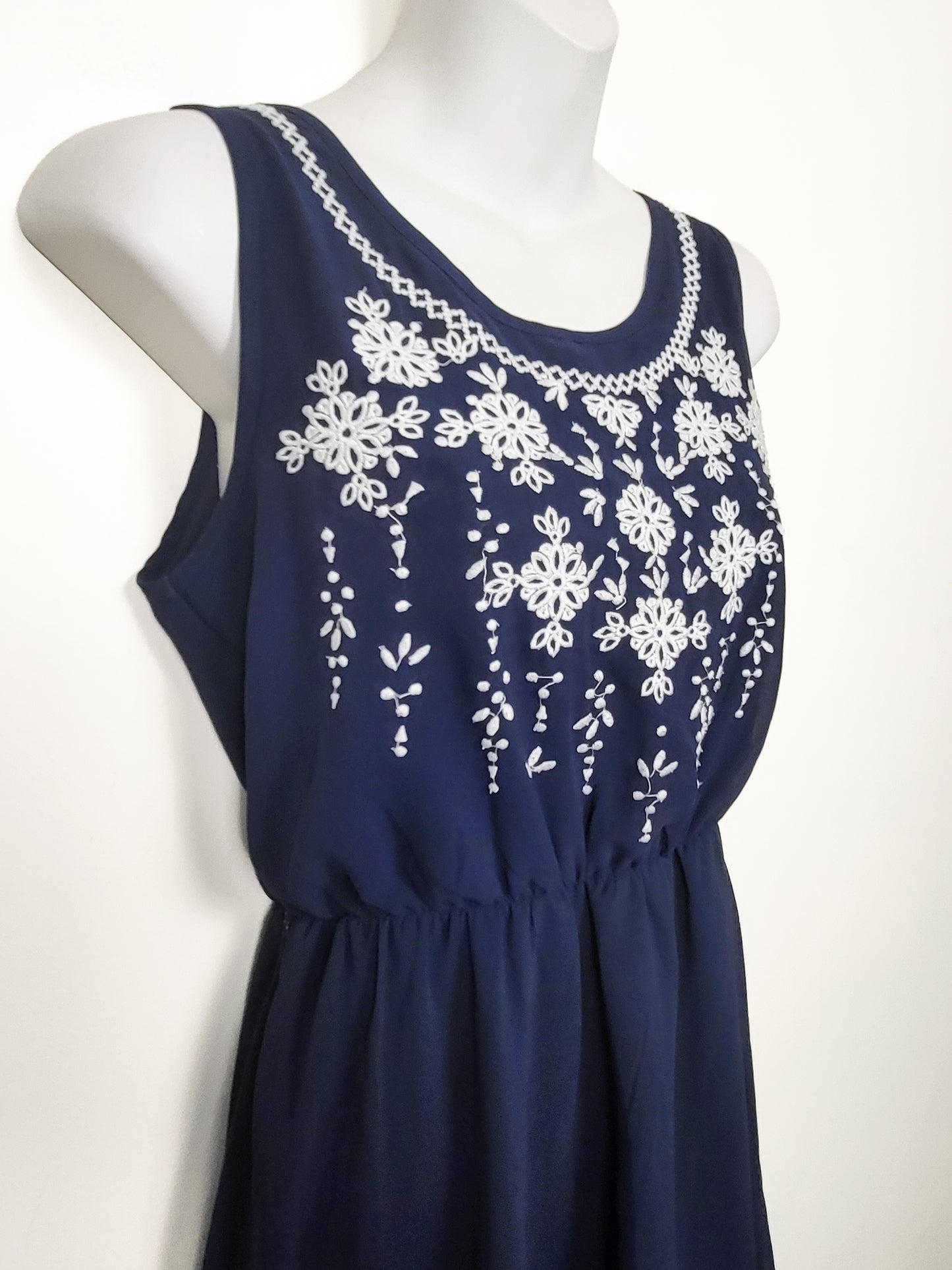 Super B navy embroidered chiffon dress | Size SMALL