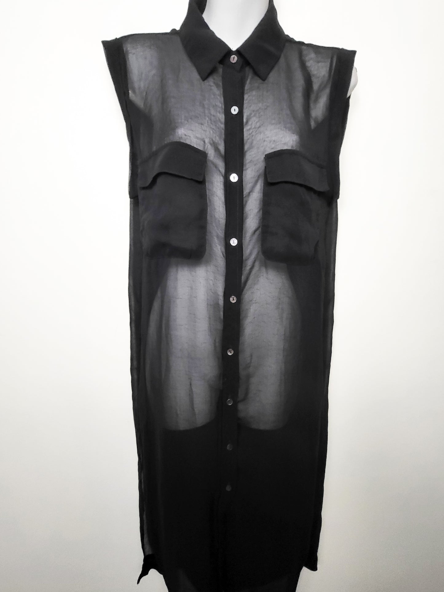 Olivaceous black sheer button down shirt dress | Size MEDIUM