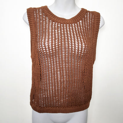 Moon River tan open knit crochet sweater vest | Size MEDIUM