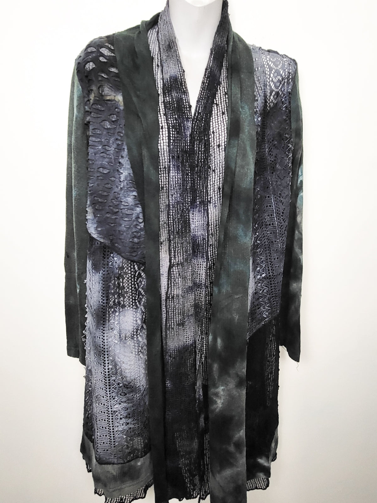 Minkas Abstract Open-Front Mesh & Knit Patchwork Duster Cardigan | Sizes like a Med/Large