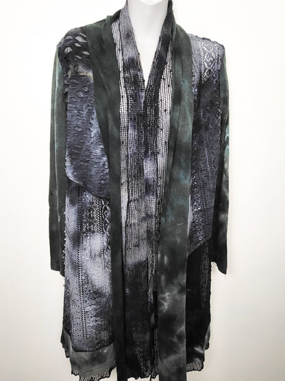 Minkas Abstract Open-Front Mesh & Knit Patchwork Duster Cardigan | Sizes like a Med/Large