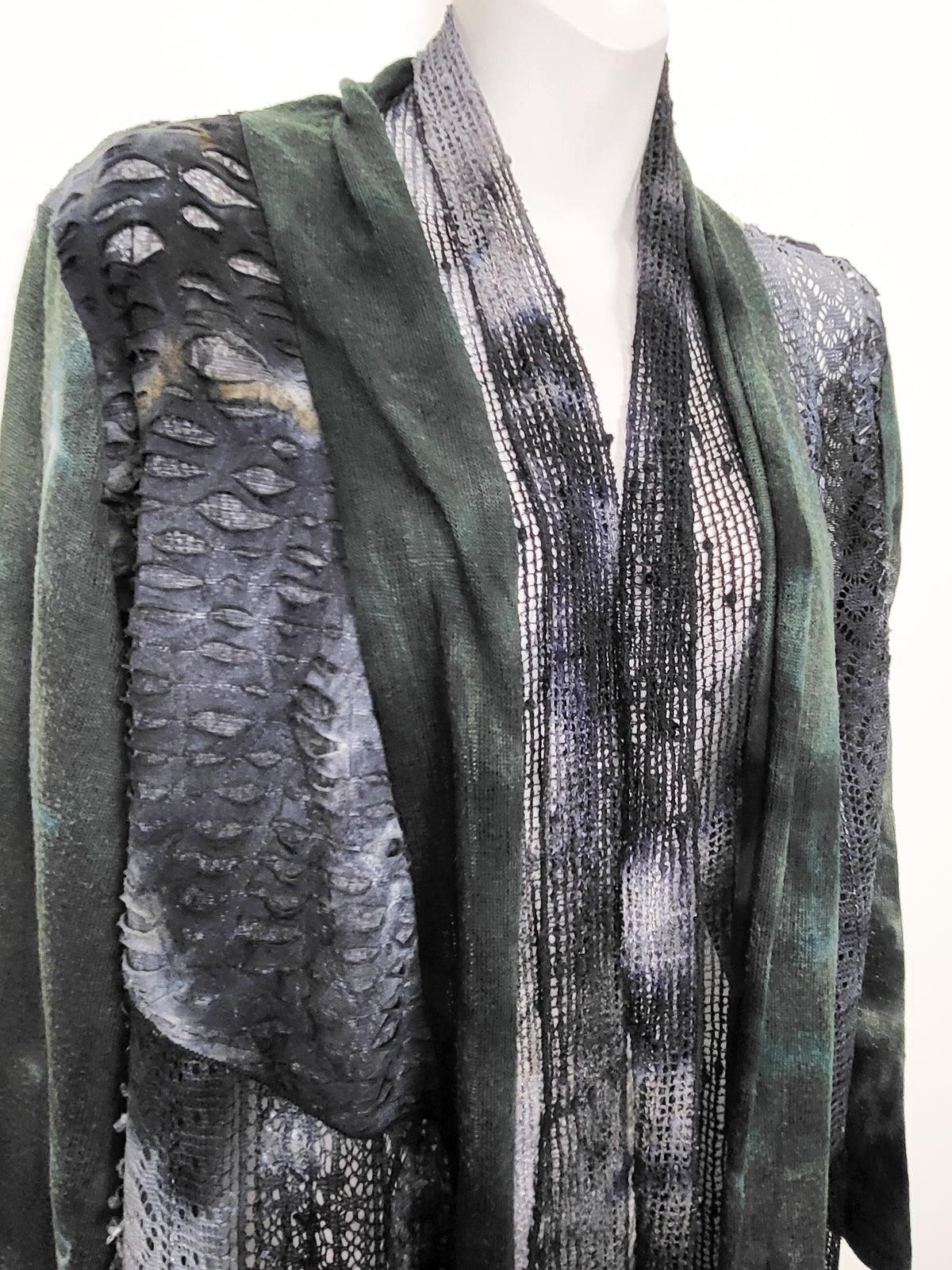 Minkas Abstract Open-Front Mesh & Knit Patchwork Duster Cardigan | Sizes like a Med/Large