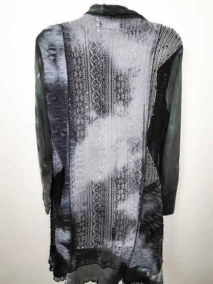 Minkas Abstract Open-Front Mesh & Knit Patchwork Duster Cardigan | Sizes like a Med/Large