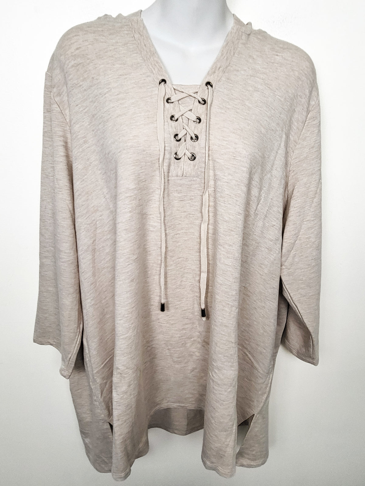 Cable and Guage beige lacep-up hooded top | Sizes like a 2X