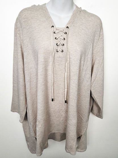 Cable and Guage beige lacep-up hooded top | Sizes like a 2X