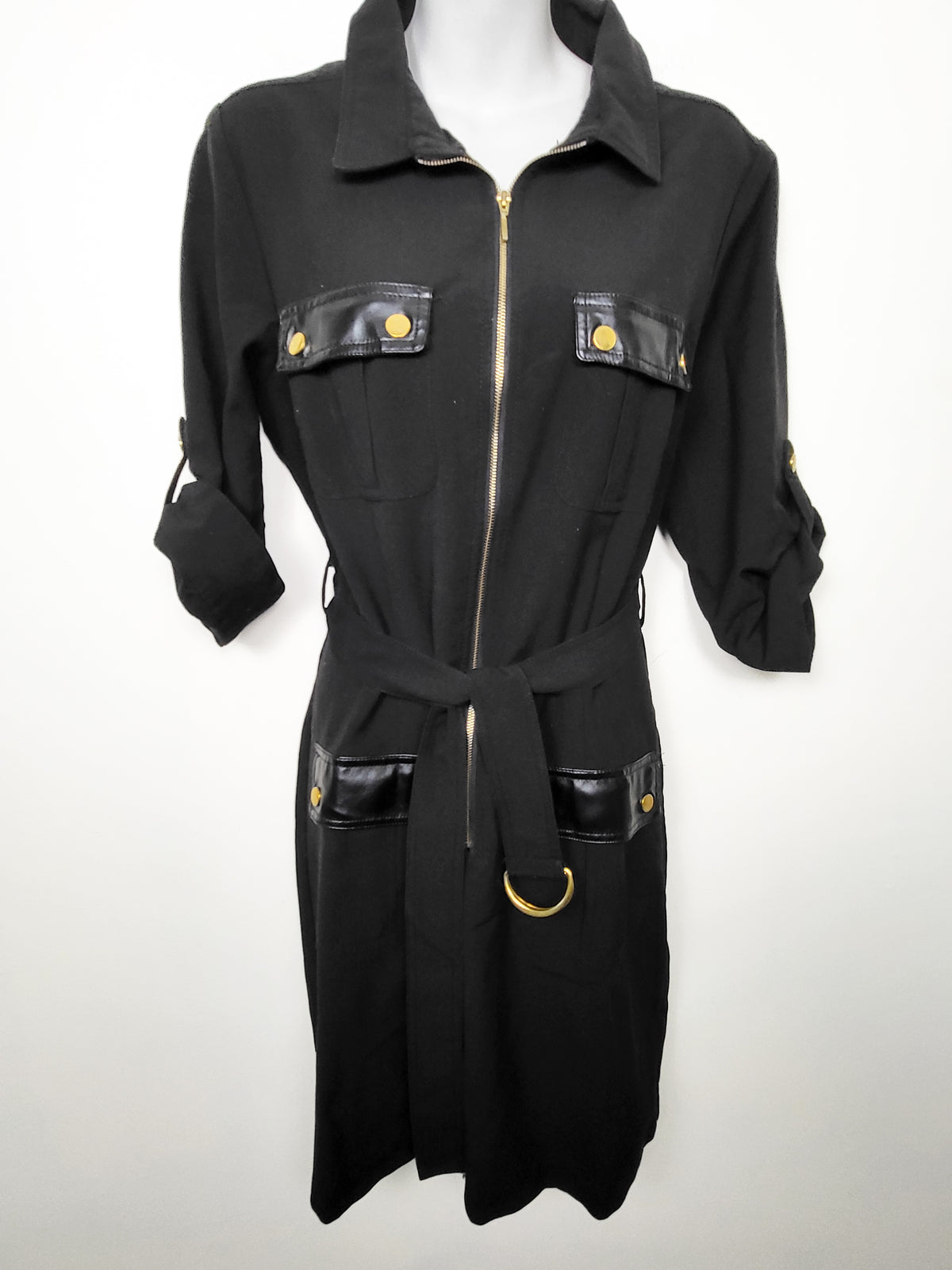 Sharagano Black Zip-Front Utility Shirt Dress with Faux-Leather Trim | Size 12