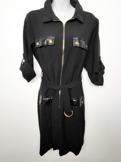 Sharagano Black Zip-Front Utility Shirt Dress with Faux-Leather Trim | Size 12